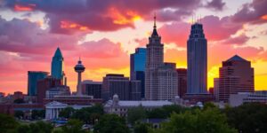 Nashville skyline at sunset with colorful clouds.