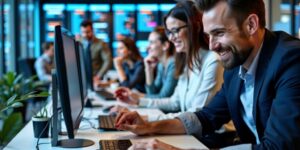 Professionals collaborating in a modern office