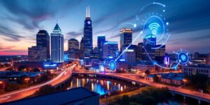 Nashville skyline with modern technology elements at dusk.