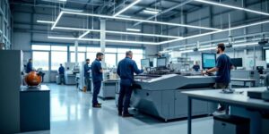 Modern manufacturing facility with advanced machinery and collaboration.