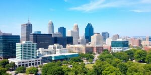 Nashville skyline with modern buildings and green parks.