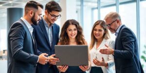 Team collaborating on IT solutions in a modern office.