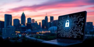 Nashville skyline with modern tech and cybersecurity elements.