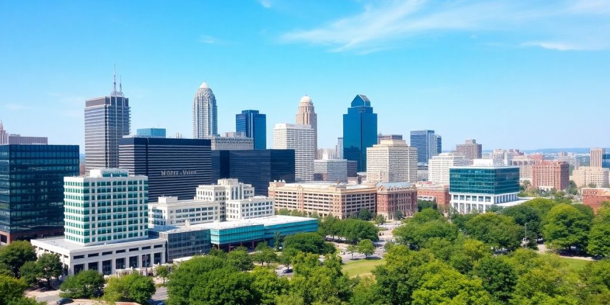 Nashville skyline with modern buildings and green parks.