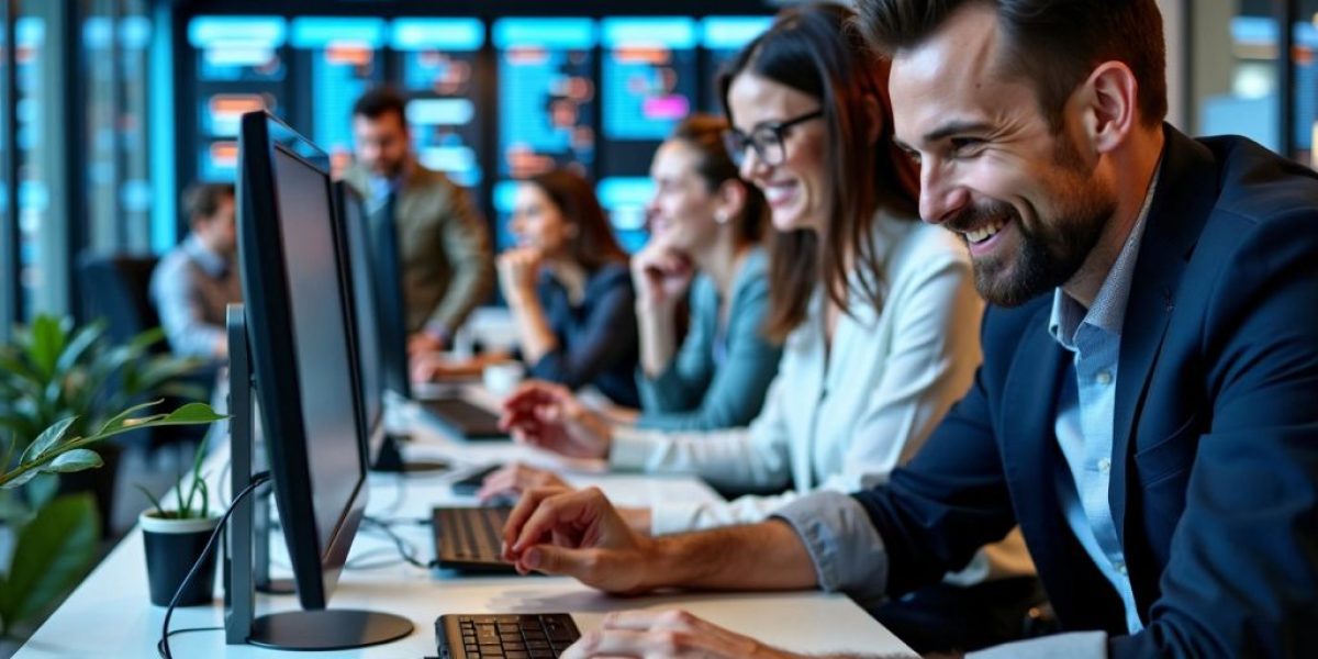 Professionals collaborating in a modern office