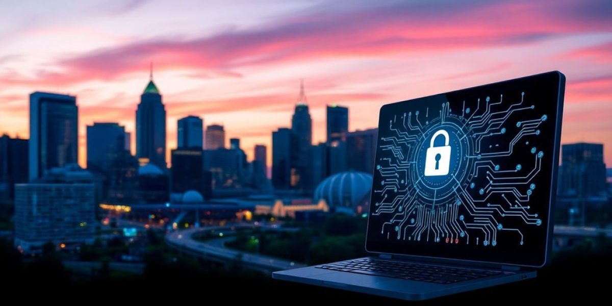 Nashville skyline with modern tech and cybersecurity elements.