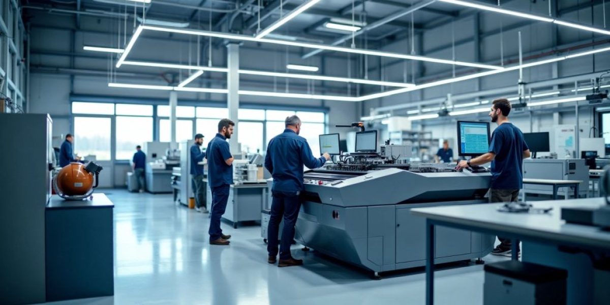 Modern manufacturing facility with advanced machinery and collaboration.